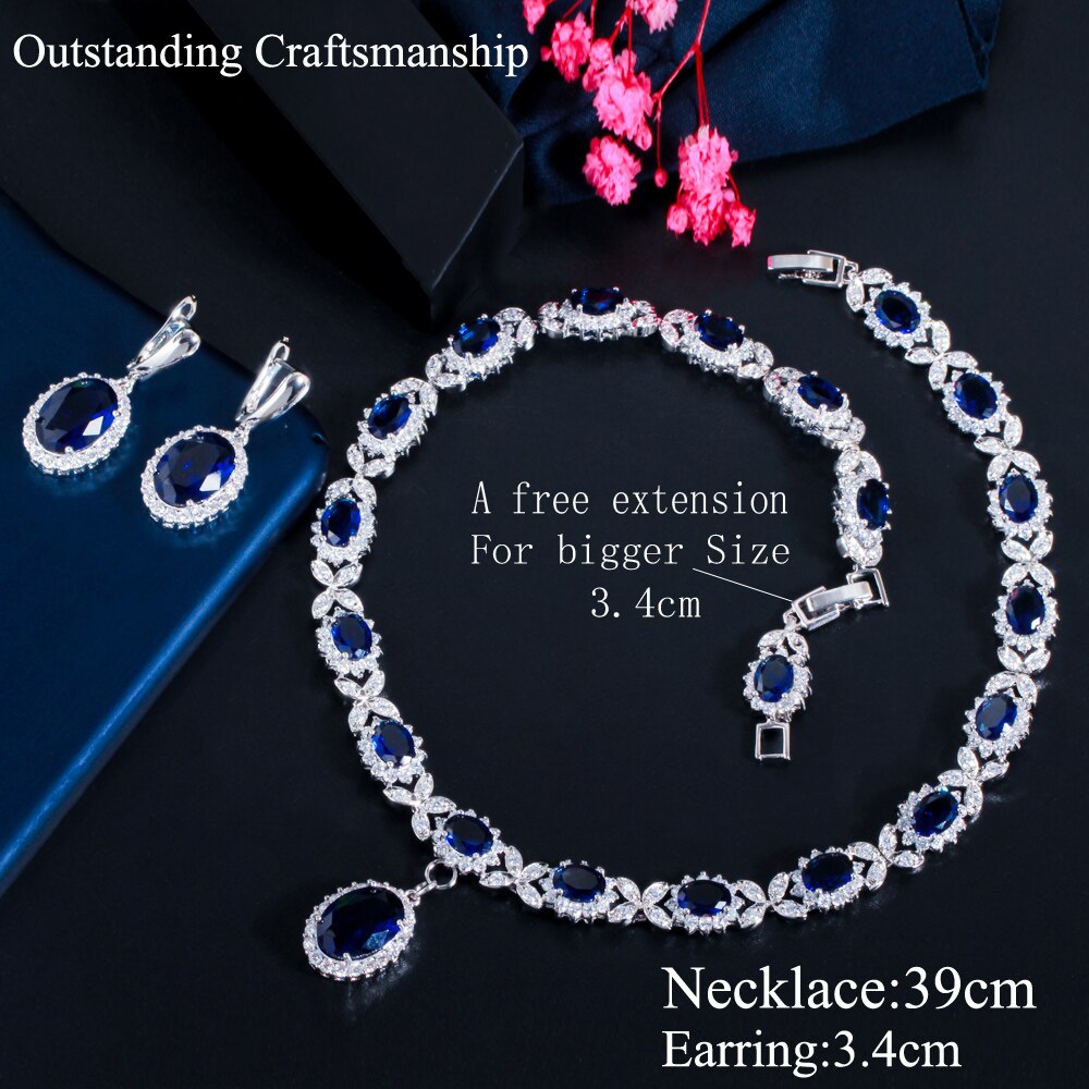 CWWZircons – collier en feuille de zircone cubique, couleur or blanc, bleu goutte, grand Costume de mariage pour femmes, ensemble de bijoux pour mariées, T523