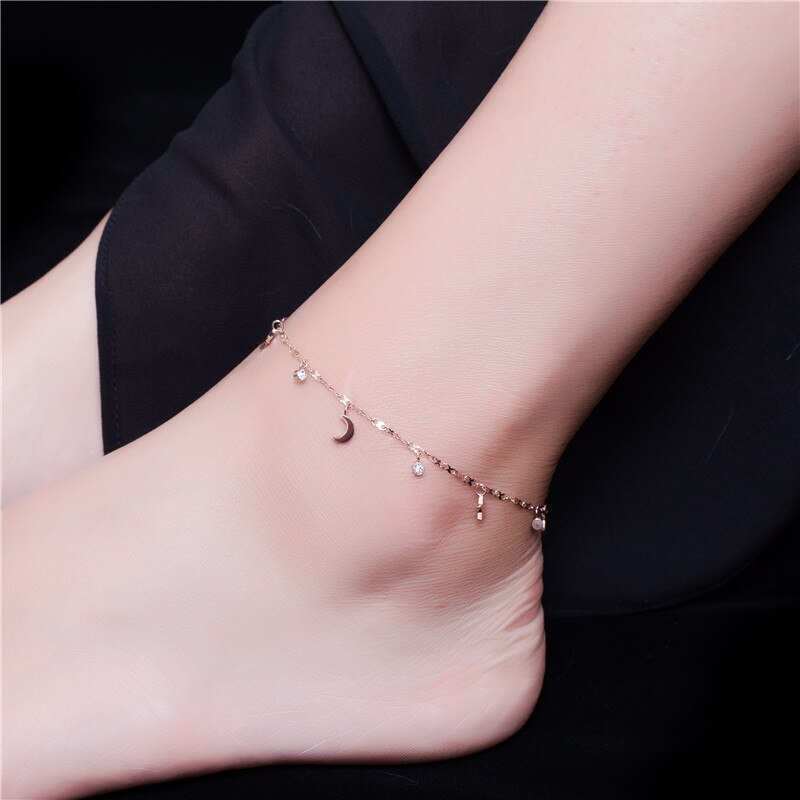 18KGP Rose Gold Color Titanium Steel Moon Star Zirconia Anklet Women 316L Stainless Jewelry (GA121)