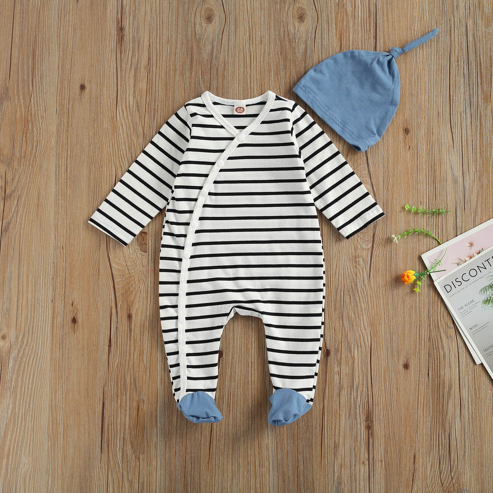 Lente 0-6M Baby Baby Jongen Meisje 2 Stuks Set Dot Print/Gestreepte Single Breasted lange Mouwen Footie + Hoed Pasgeboren Kleding