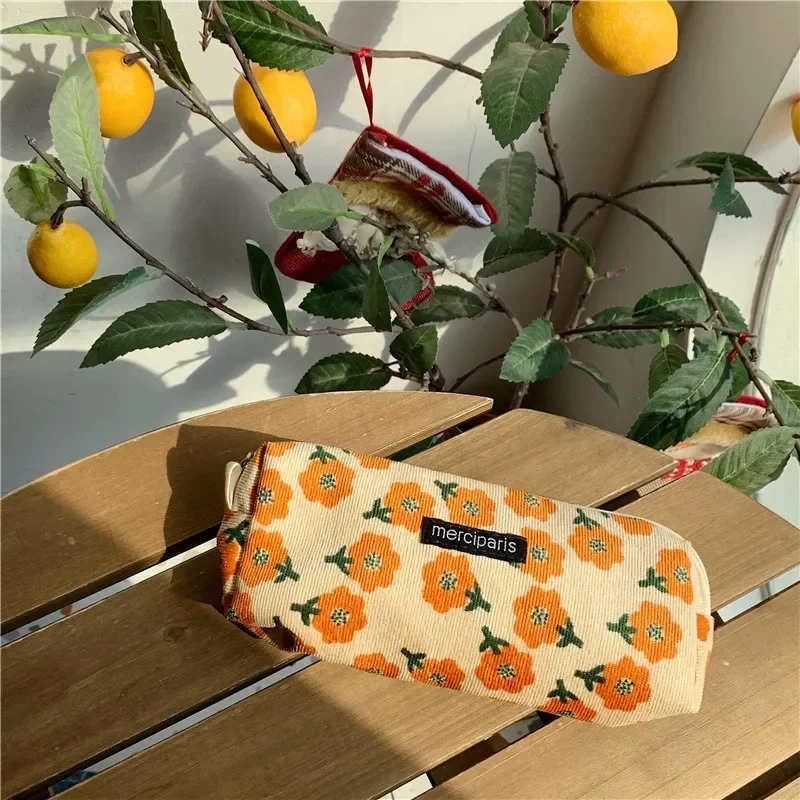 Women Corduroy Flower Cosmetic Bags Travel Brush Lipstick Storage Case Female Makeup School Stationery Pencil Cases: Burgundy