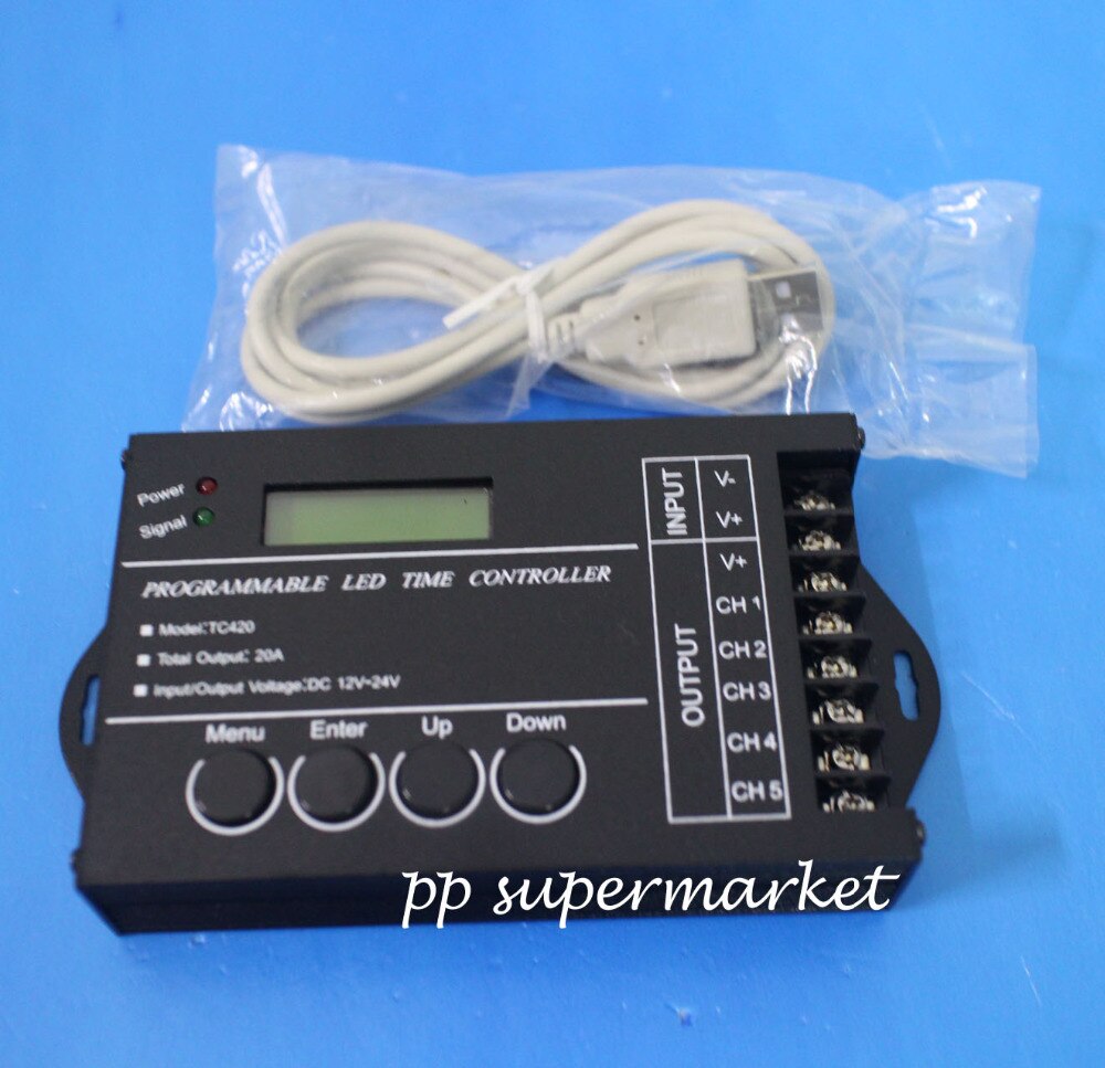 TC420 Tijd programmeerbare RGB LED Controller DC12V-24V 5 Kanaals LED Timing dimmer Totale Output 20A Gemeenschappelijke Anode met USB Draad