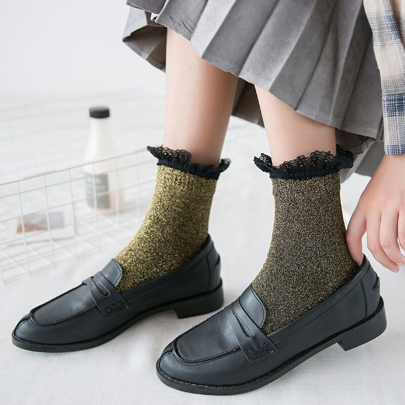 [COSPLACOOL] złoty srebrny jedwab błyszczące koronki brokat skarpety kreatywne, ręcznie robione, skarpetki damskie księżniczka Sokken japonia Reto Calcetines Mujer