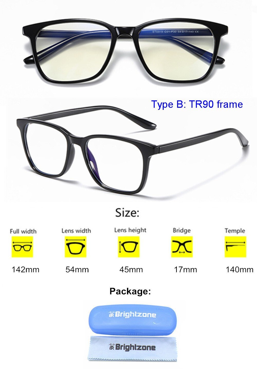 Blokujące niebieskie światło filtr blokujący zmniejsza cyfrowe zmęczenie oczu wyczyść regularne gry komputerowe SleepingBetter okulary popraw komfort: TR90 Brightblack C1