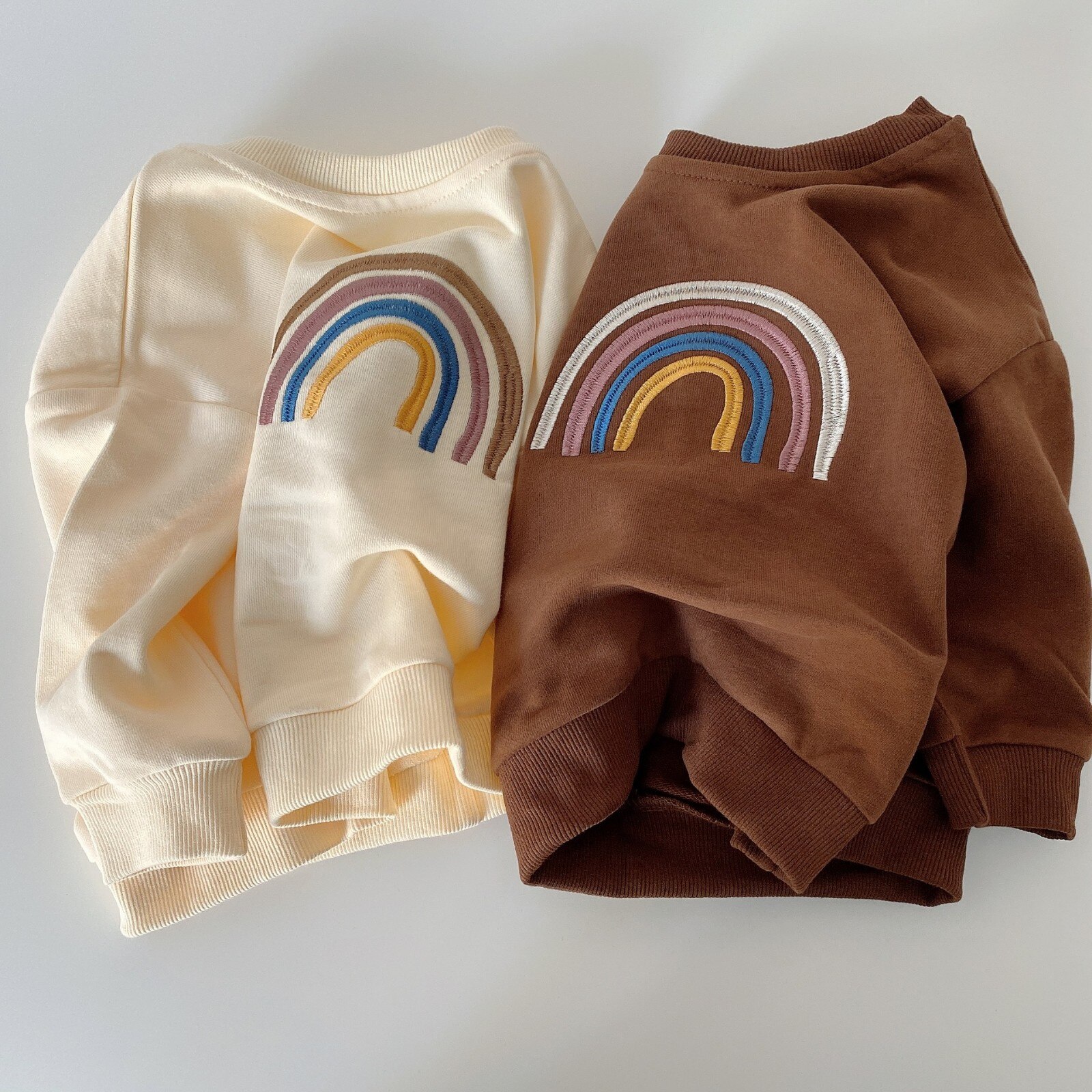 Efterår baby piger broderi regnbue sweatshirts langærmede toppe børn småbørn drenge pullover sweatshirt regnbue t-shirt tøj