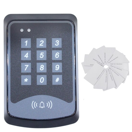 125Khz RFID Proximity Card Keypad Access Control System Device Machine RFID Card Reader Door Lock System 1000 user Keyfobs Cover: AC and 10 ID cards