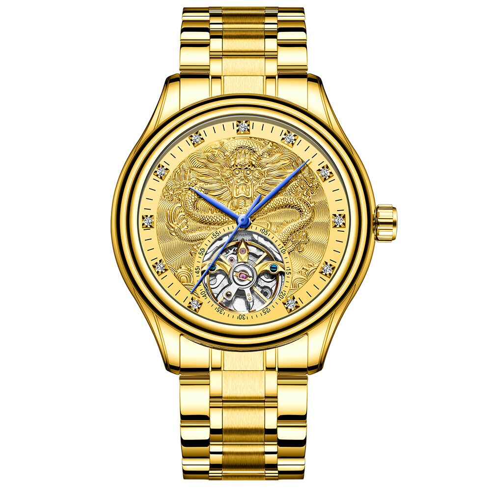 FNGEEN Luxus Männer Automatische Mechanische Uhr Wasserdicht Gold Drachen Uhren Für Männer Edelstahl Tourbillon Relogio Masculino: Gold