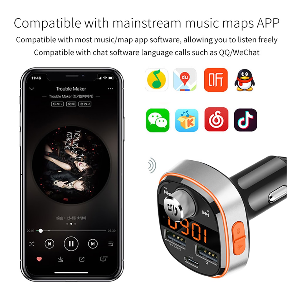 VicTsing Universal Bluetooth FM Transmitter 7 LED Colors Car Wireless Adapter Radio Transmitter USB-C with PD 3.0 Port for Car