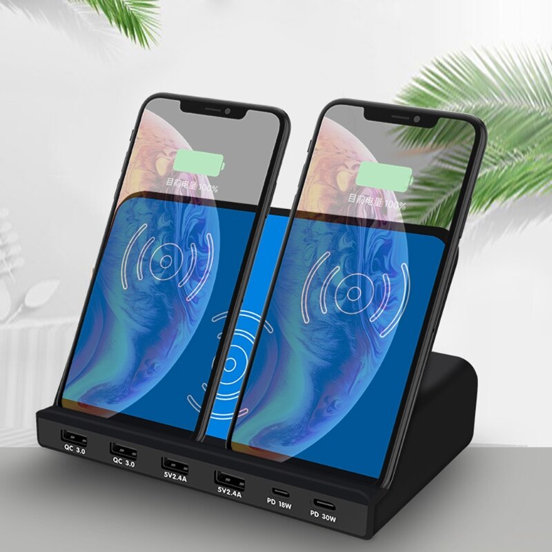 Universal 6Ports 30W Type C PD QC3.0 USB 10W Dual Wireless Charger Station Stand for Laptop Cellphone Tablet Fast Charger