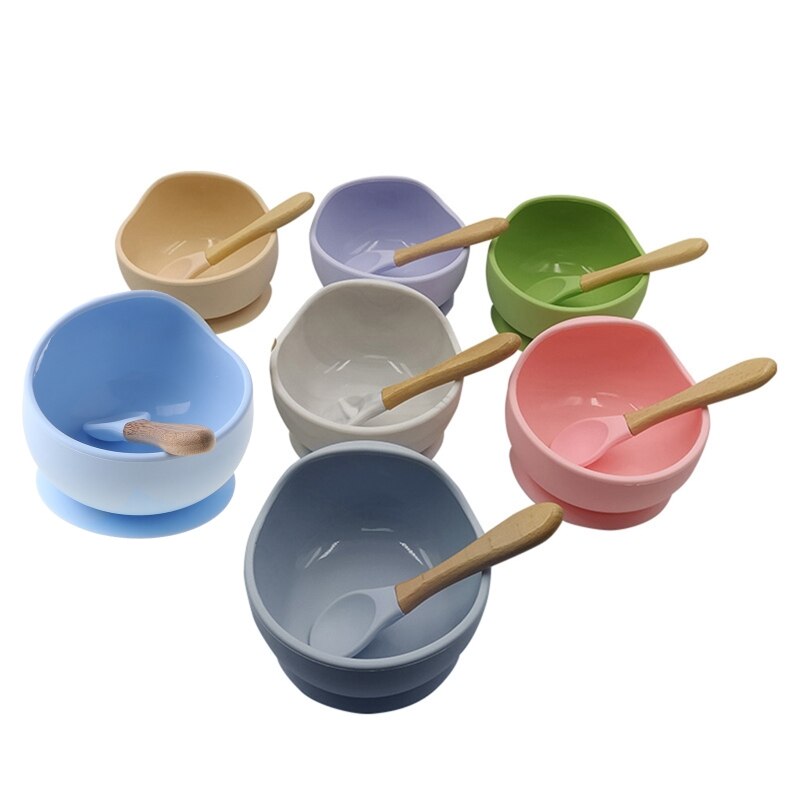 2 Pcs Non-Slip Learning Feeding Tableware BPA Free Silicone Waterproof Baby Suction Cup Base Bowl Training Spoon Set