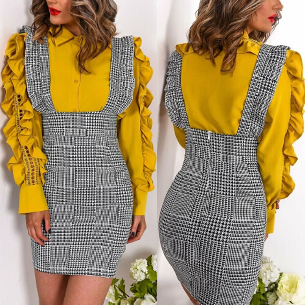 Mini robe moulante à volants pour femme, tenue de fête, à la , à carreaux, en dents de chien, taille haute, Slim, , décontracté