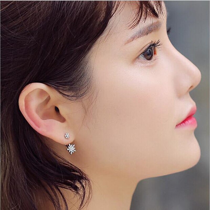 Nuevos pendientes femeninos SE158 chapados en plata de ley 925 pequeños copos de nieve brillantes y frescos de Micro-conjunto largo de cristal para mujer
