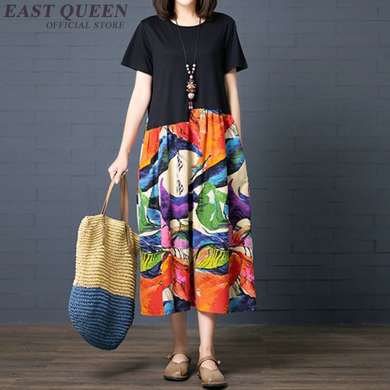 Løse afslappede kjoler til kvinder sommer patchwork bomuld linned retro kjole kinesisk stil lang kjortel vintage femme  ta1761