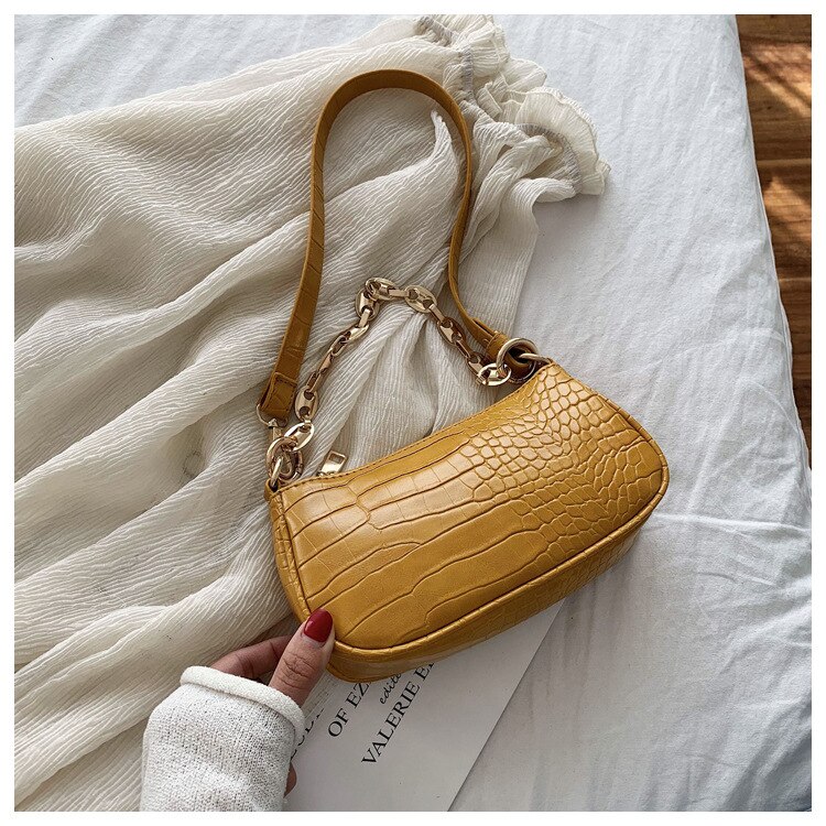 Crocodile Pattern Baguette bags MINI PU Leather Shoulder Bags For Women Chain Luxury Handbag Female Travel tote: Yellow