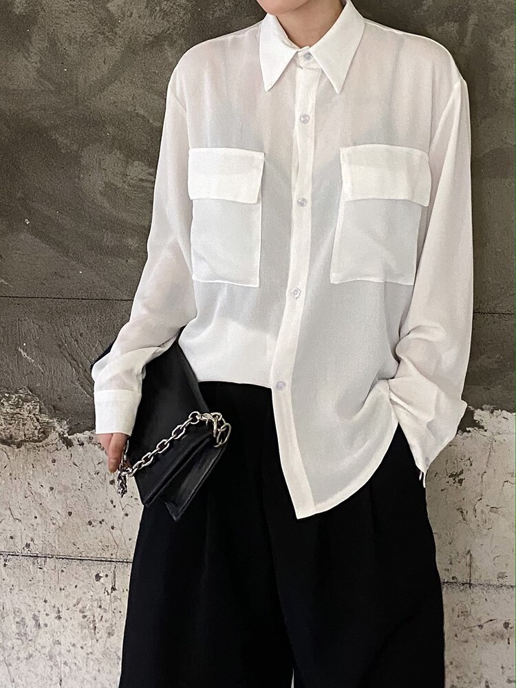 XITAO-Blusa holgada informal de manga larga para otoño, camisa blanca sencilla para mujer, con bolsillos que combinan con todo, estilo coreano, ZP1843,: L