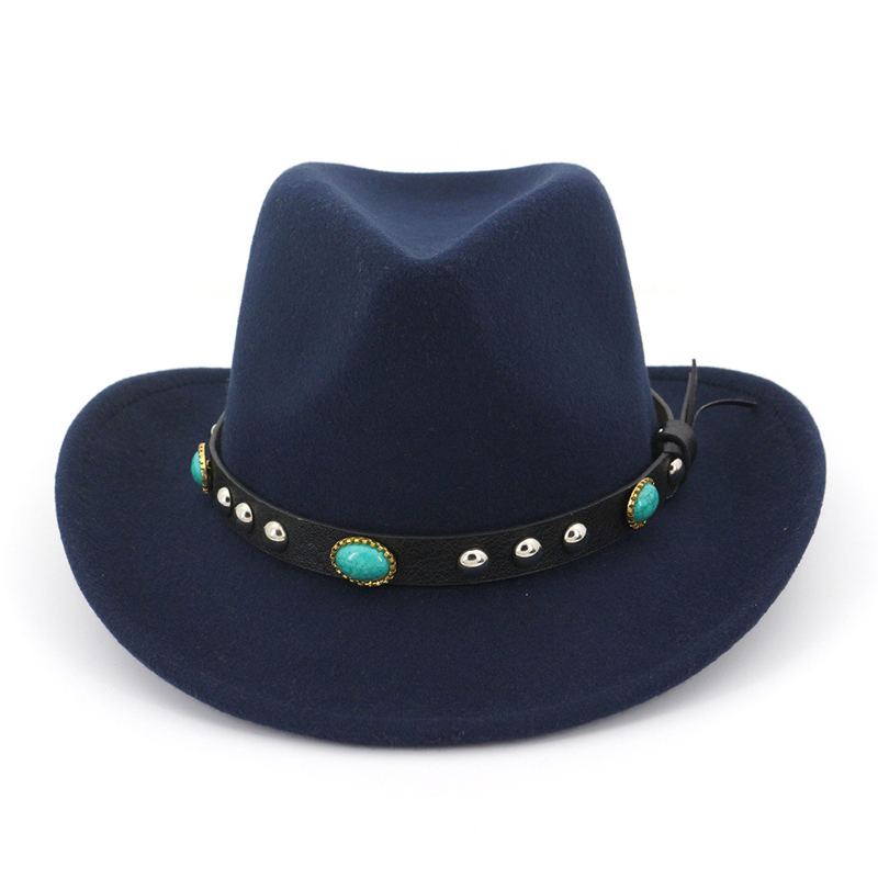 Bull rider jazz fedora solhat mænd kvinder filt hatte bånd band western cowboy hat sort 6 farver trilby bowler hat til unisex: Marine blå