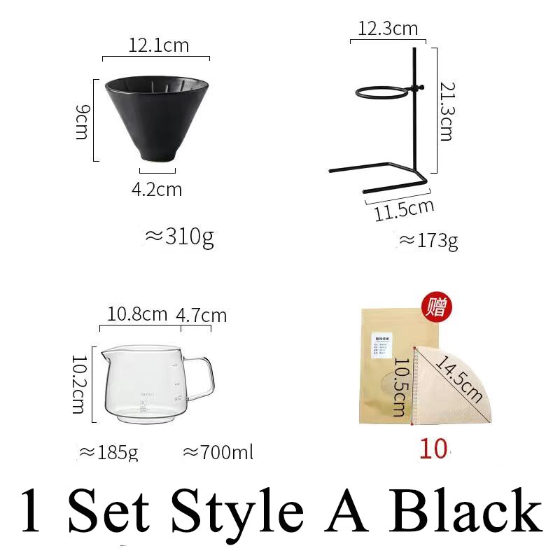 Juego de filtros de café hechos a mano con cafetera de vidrio V60, ollas de café hechas a mano, tetera de café, soporte para gotero: Black Style A Set