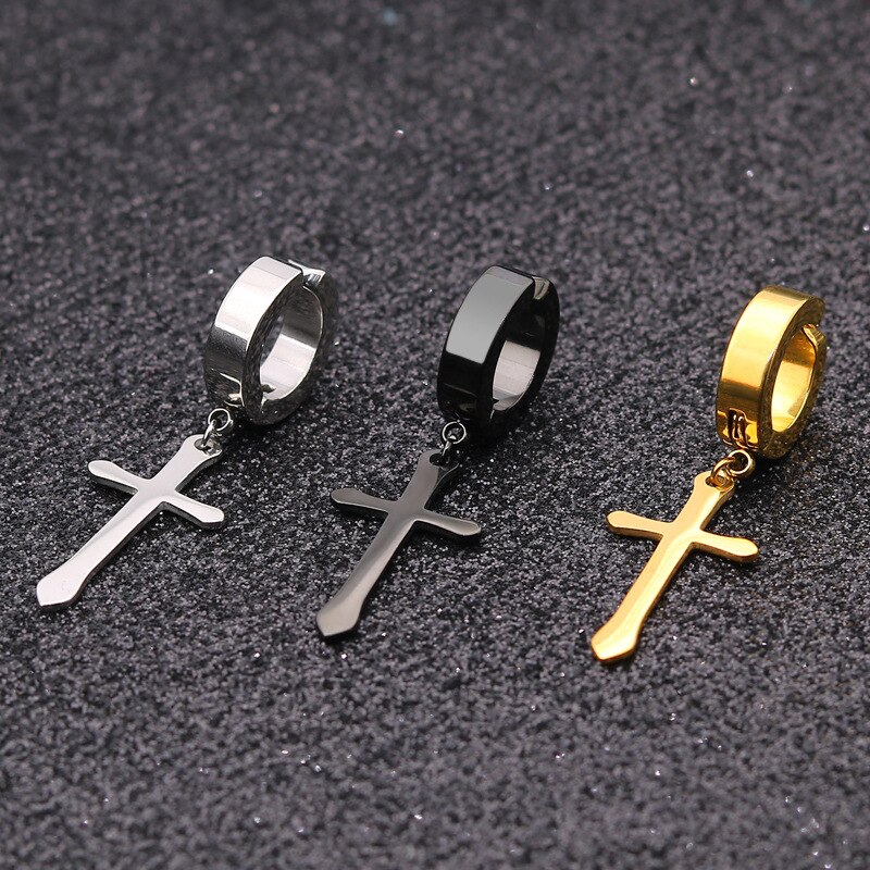 1 Pcs Rvs Clip Op Non Piercing Oorbellen Voor Vrouwen Mannen Zwarte Goud Kleur Cross Gothic Punk Rock Pendiente