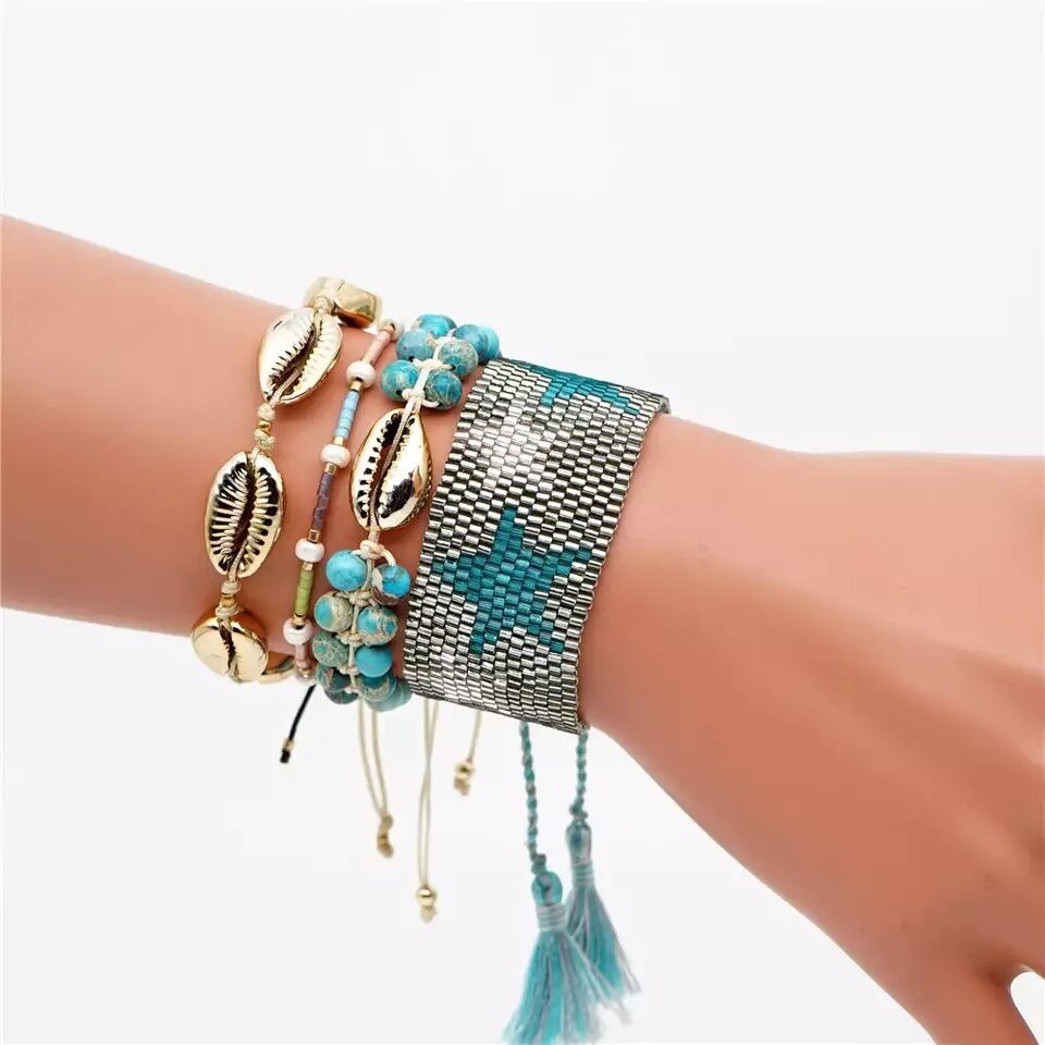 ZHONGVI Delcia MIYUKI Bracelet Shell Bracelet Women Star Pulseras Mujer Jewelry Summer Beach Tassel Natural Stone Armband: set