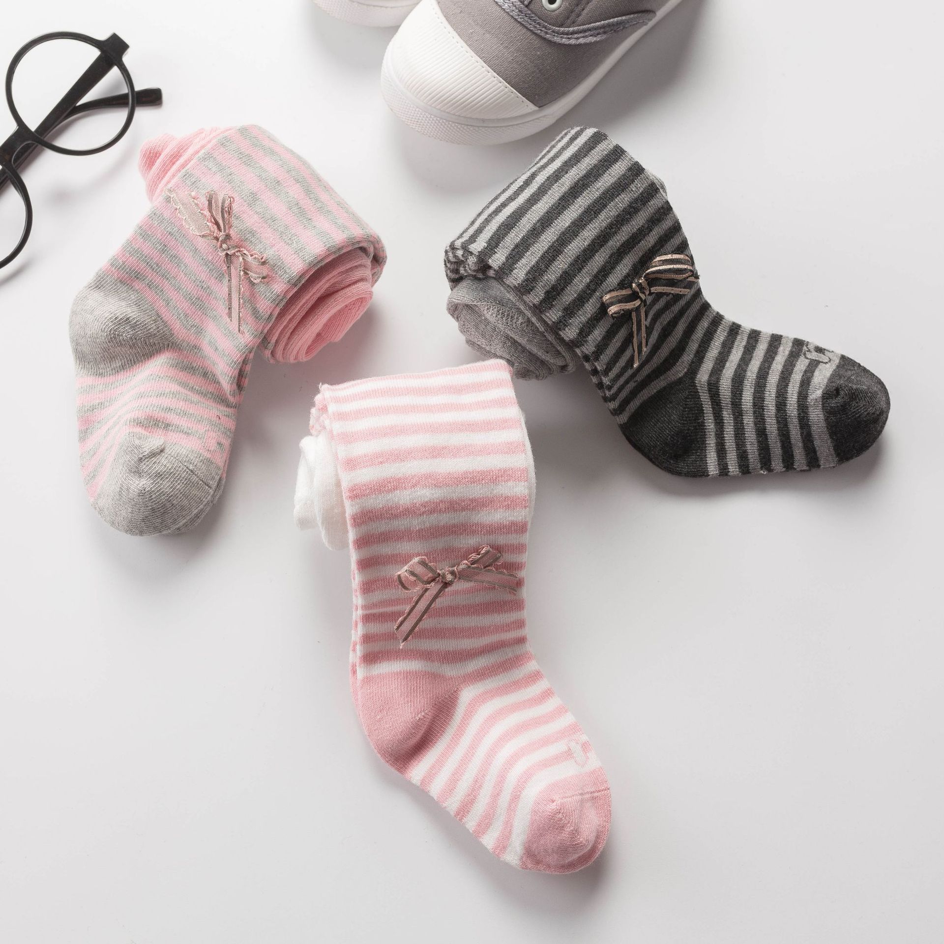Herfst Kinderen Panty panty Gestreepte Baby Peuter Meisjes Boog-knoop Panty panty Katoen Kinderen Meisje Panty Kousen