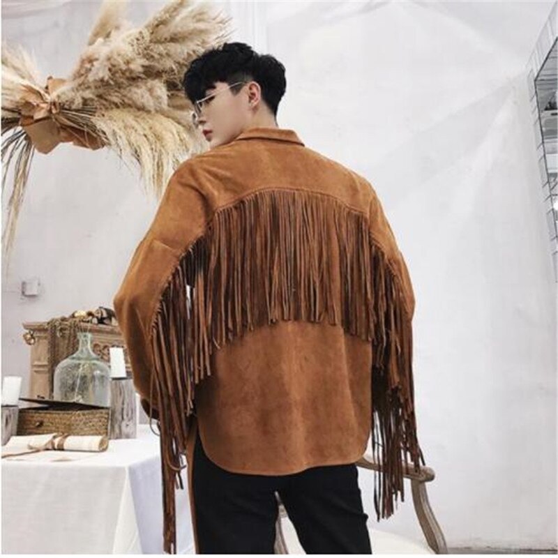 Nachtclub sänger quaste punk hip hop jacke bühne coatume herbst männer wildleder persönlichkeit hiphop straße stil mantel kleidung