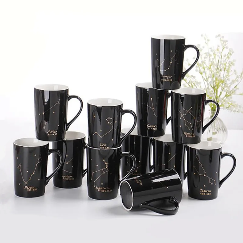 Con caja de , tazas de cerámica de 12 constelaciones, tapa de cuchara, porcelana negra y dorada, taza de café con leche del zodiaco, agua de 400ML