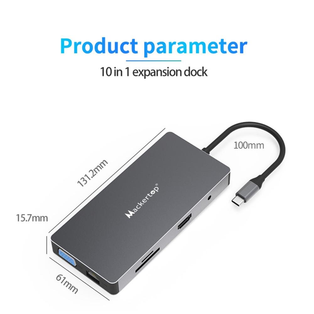 Adaptateur USB type-c 10-en-1, Hub USB C 10-en-1 avec HDMI 4K, VGA, PD 60W et prise Audio pour MacBook Pro/Air, noir