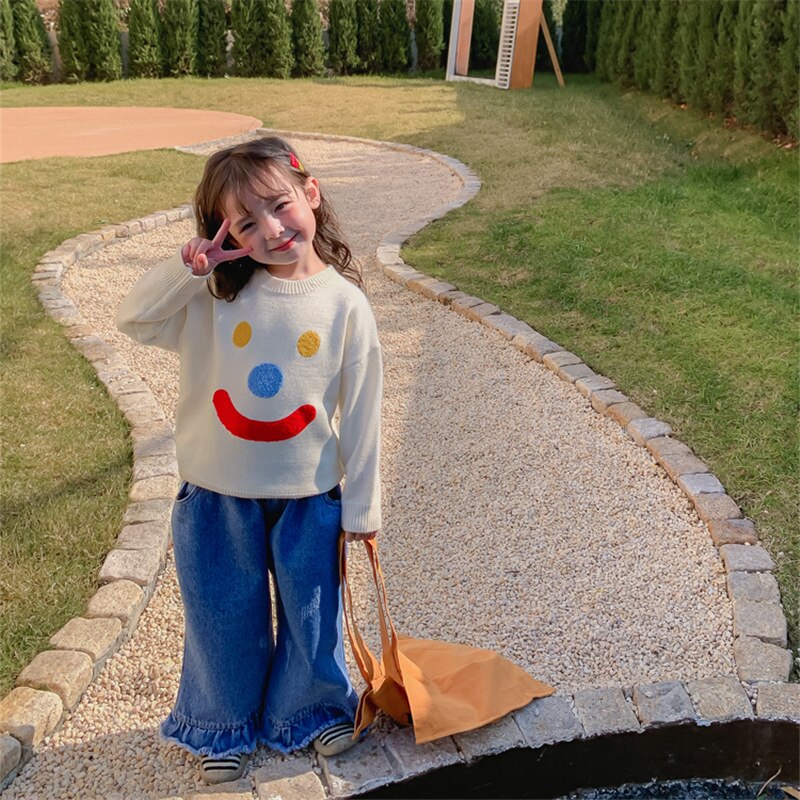 Children's 2022 spring clothes new girls Korean smiling face sweater loose Pullover Top 4-22