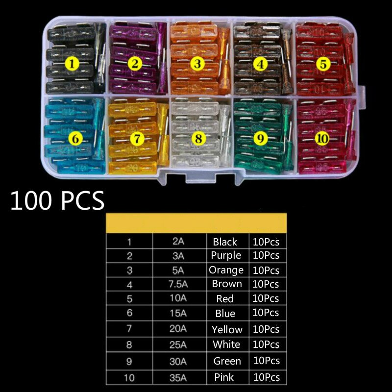 50/100Stck Auto Sicherungen 2A 3A 5A 7,5 EINE 10A 15A 20A 25A 30A 35A 40A Ampere mit Kasten Clip Sortiment Auto Klinge Typ Sicherung einstellen Lkw