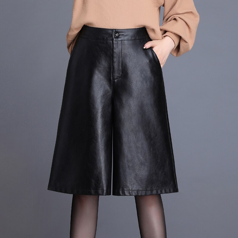 Zwart Pu Lederen Bermuda Voor Vrouwen Losse Lange Shorts Motorfiets Punk Hoge Taille Knielengte Bermuda Femme: M