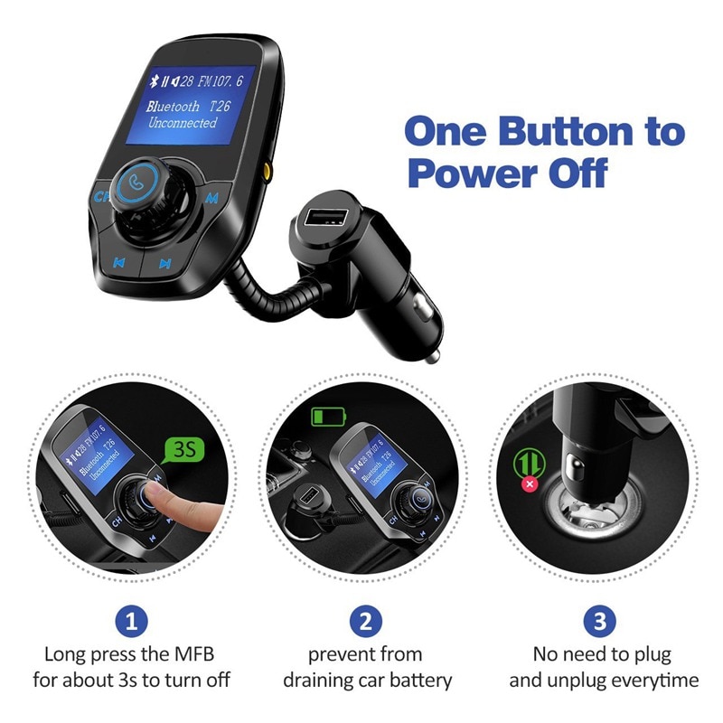 VicTsing FM Transmitter Bluetooth Wireless In-Car Radio Transmitter Adapter 3.5mm USB Port Support AUX Input 1.44'' Display TF