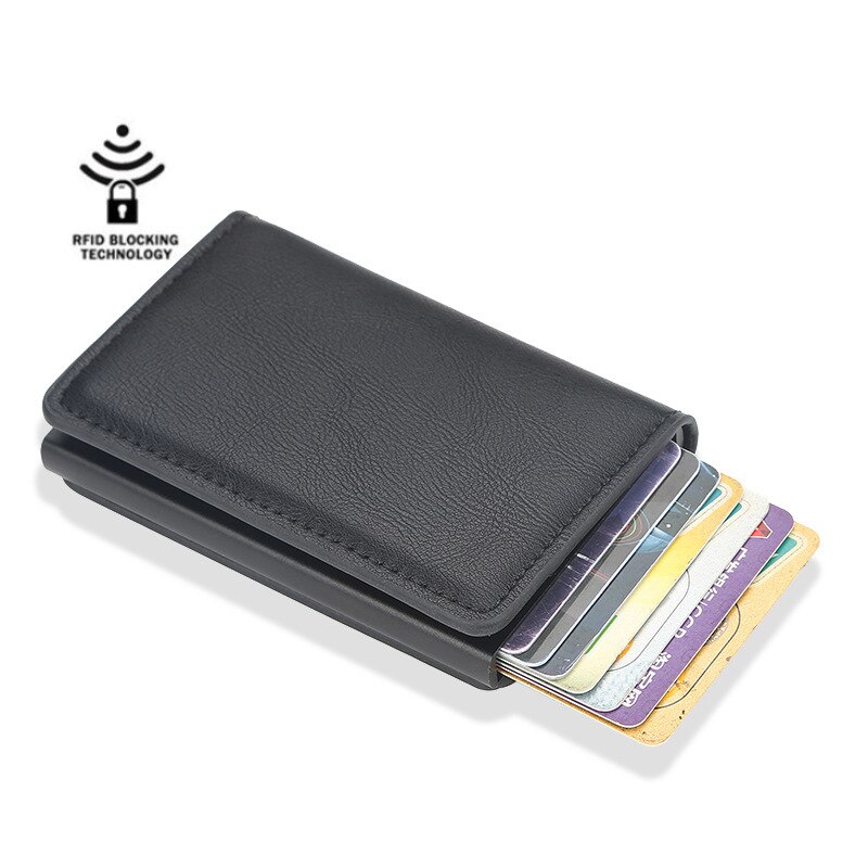 Hoylidu PU Leather Automatic Pop-up Business Card Card Holder RFID Vintage Aluminium Box Metal Crazy Horse Wallet Steel Wallet