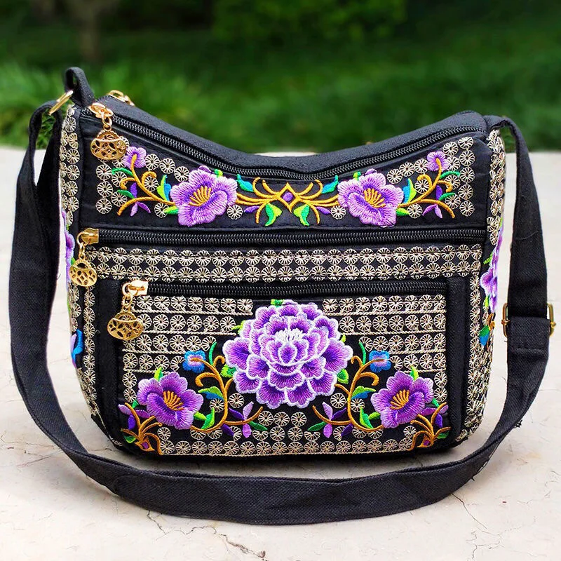 Sac de Style ethnique du Yunnan, sac à bandoulière brodé pour femmes, sacs à bandoulière entièrement brodés pour dames: Violet