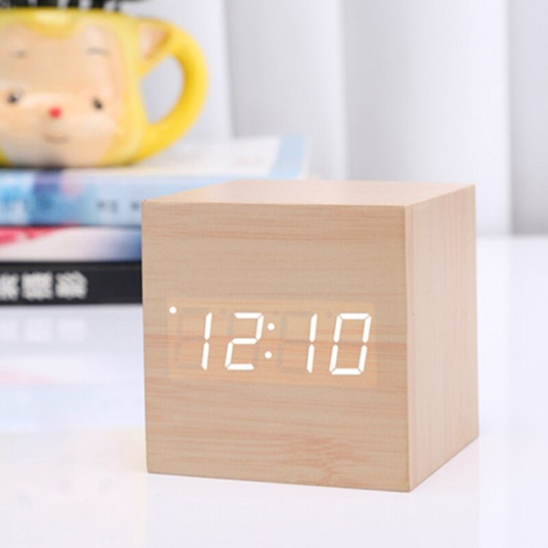 Wooden Cube Clock Modern LED Display USB Voice Digital Alarm Clock Despertador Luminous Control Clock