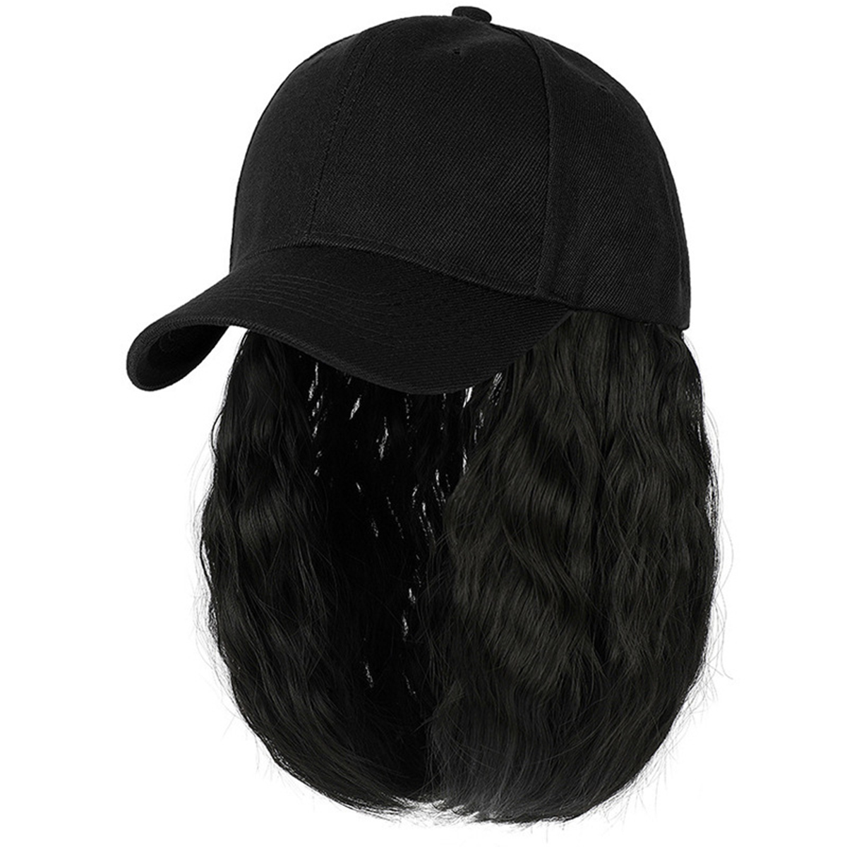 Pelucas de pelo ondulado rizado esponjoso sintético largo negro Difei con sombrero gorra de béisbol conectar naturalmente peluca de sombrero ajustable para mujeres