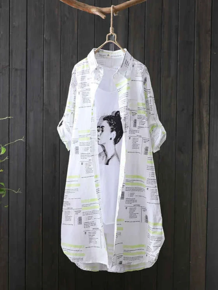Plus size afslappet print bogstaver mellemlang bluse kvinder efterårsbluse langærmede skjorter koreansk stil damebluser chikke bluser: Xxxl / Frugt grøn