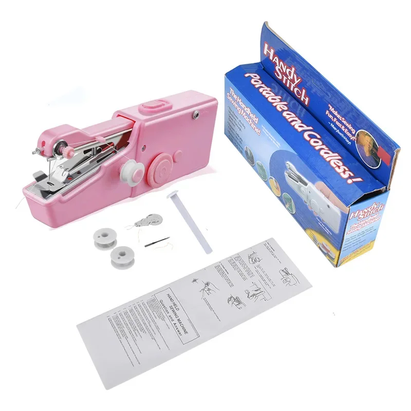 Portable Sewing Machine Mini Handheld Stitch Sew Needlework Cordless Clothes Fabrics Household Electric Sewing Machine: Pink