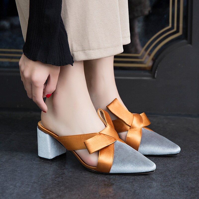 Bowknot kvinnor tofflor spetsiga tå höga klackar tofflor dam kvinnor skor zapatos mujer  n960