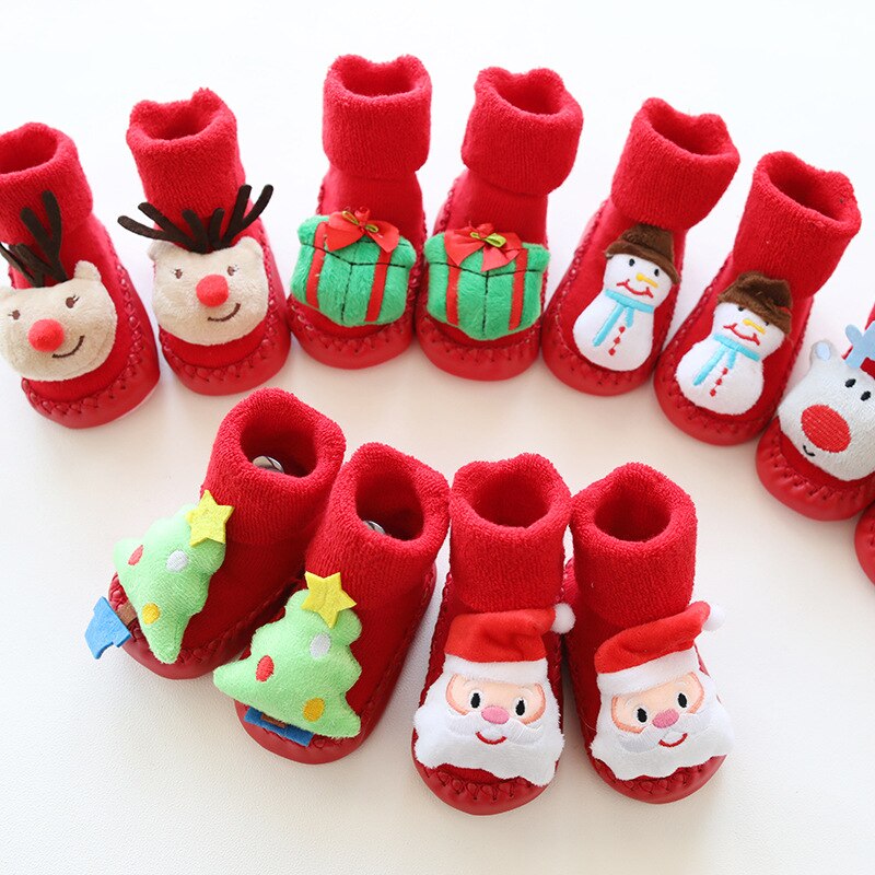 Winter Born Baby Christmas Socks Rubber Soles Skid Resistant Indoor Socks Warm Thick Toddler Girl Sock Shoes Year