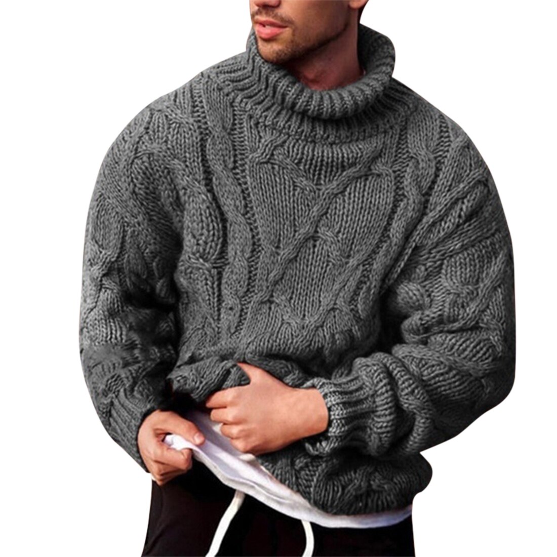 chandail hommes Pull tricots Pull Homme col roulé tricoté chandails décontracté couleur unie automne hiver: gray / Asian Size M