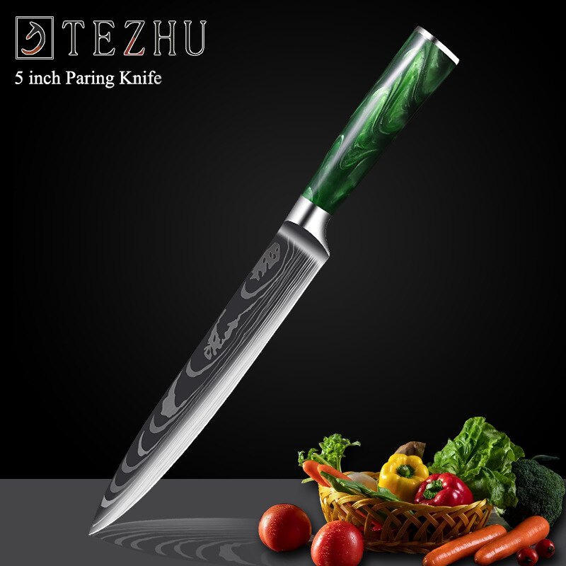 Professionele Keuken Messen Set Japanse High Carbon Staal Chef Messen Imitatie Damascus Patroon Slicer Santokumes Set: utility knife