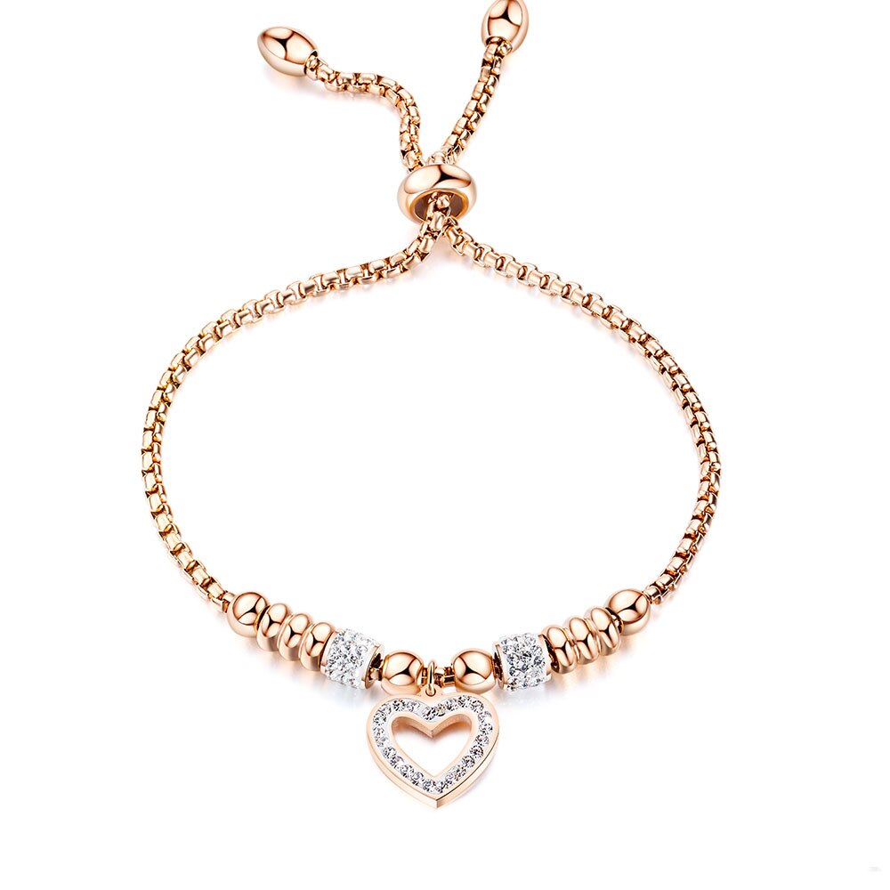 JeeMango Titanium Stainless Steel Mosaic Crytal Heart Charm Bracelets For Girl Rose Gold Adjustable Chain Link Bracelet JB20053: Rose Gold Color
