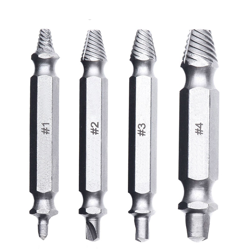 4 pieces of damaged screw extractor kit for easy removal or damage. Double-sided removable hand tool kit