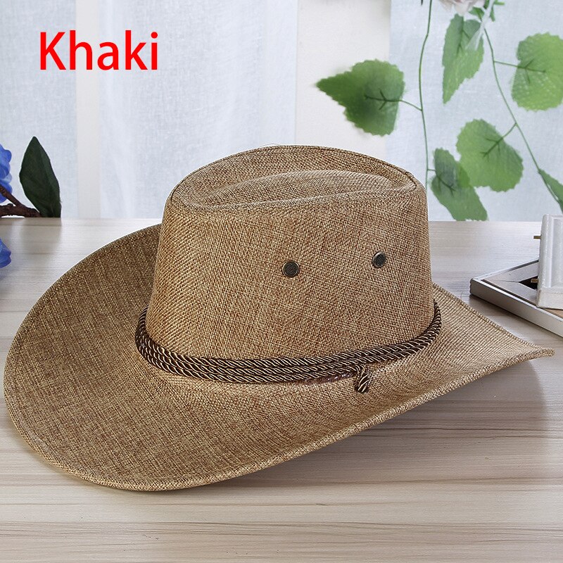 2022 Men's Western Cowboy Hat Linen Straw Hat Outdoor Travel Sun Jazz Hat Big Brim Chic Knight Caps: Khaki