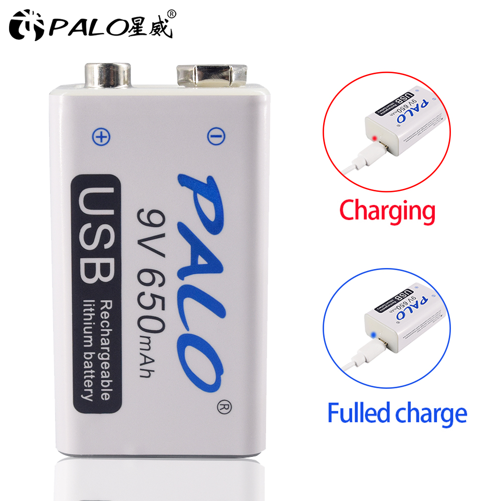 PALO 9V USB batterie au Lithium 650mAh 6F22 6LR61 Li-Ion batterie Rechargeable pour jouets masseurs multimètres guitare avec câble USB