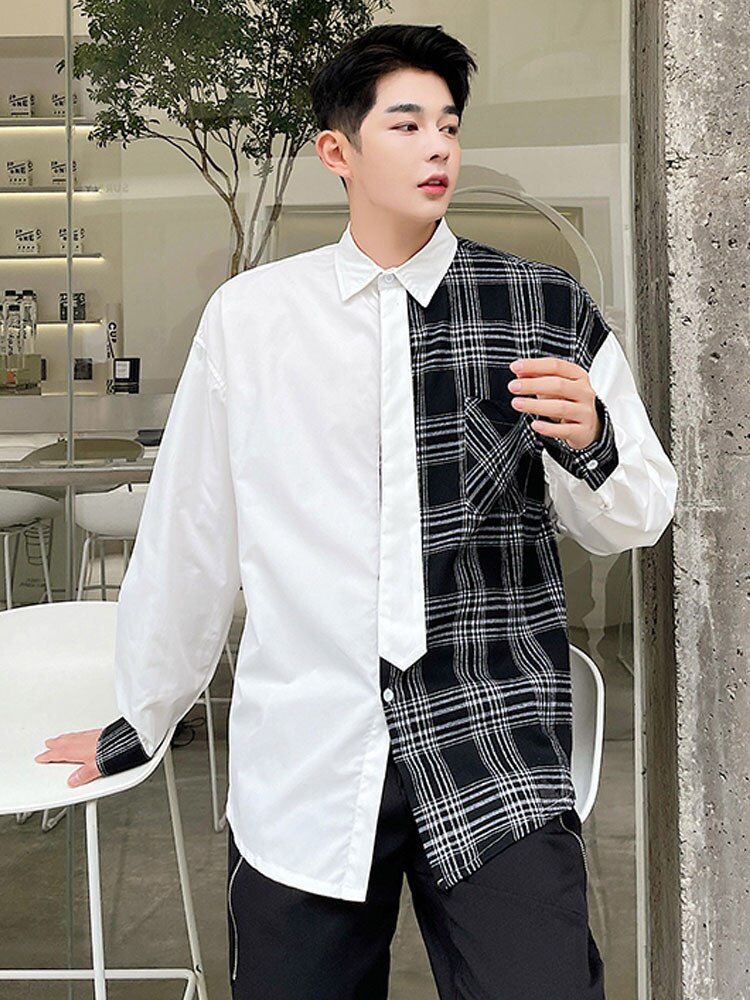 Men Tie Plaid Splice Loose Casual Long Sleeve Shirt Man Streetwear Vintage Dress Shirts Male