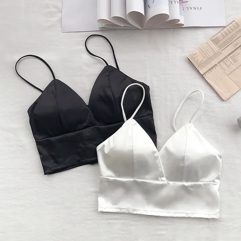 Sexy Satijnen Crop Tops Vrouwen Draadloze Bralette Gehaakte Top Vrouwelijke Spaghetti Band T-shirt Cropped Met Borst Padded Hemdje