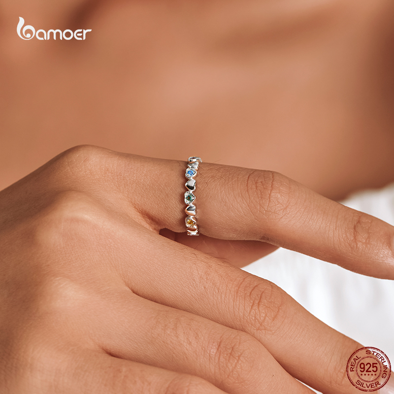 Bamoer Echtem 925 Sterling Silber Regenbogen Herz Ring für Frauen Liebe Ringe Luxus Bunte Zirkon Hochzeit Schmuck