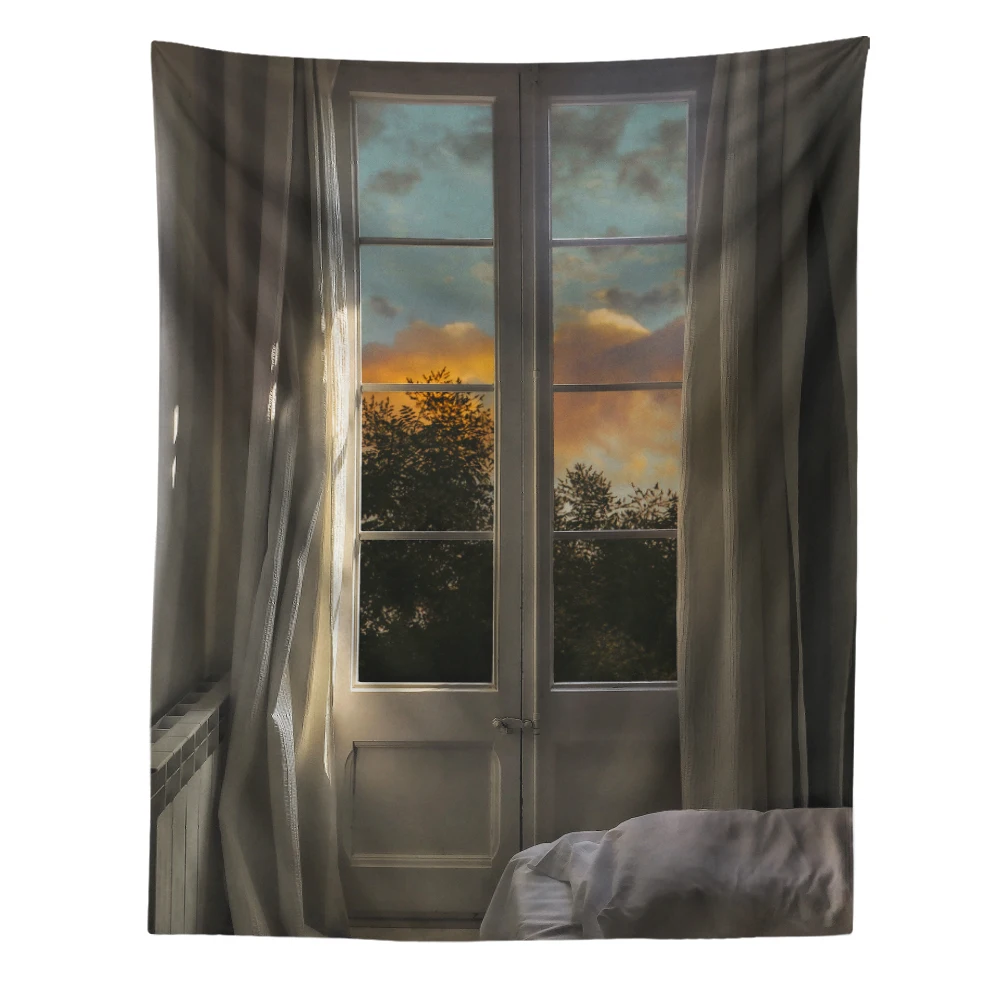 Tapiz de paisaje de ventana para colgar en la pared, decoración Vintage para habitación de niña, arte bohemio, estética, dormitorio, Sábana de colchón de Yoga: 1.440 mm × 960 mm / Pulir