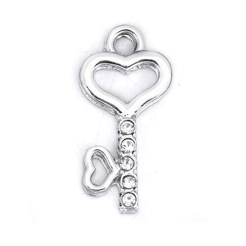 DoreenBeads Zinc Based Alloy Pendant Key Silver Plated Heart Clear Rhinestone DIY Charms 24mm(1") x 12mm( 4/8"), 20 PCs: 1