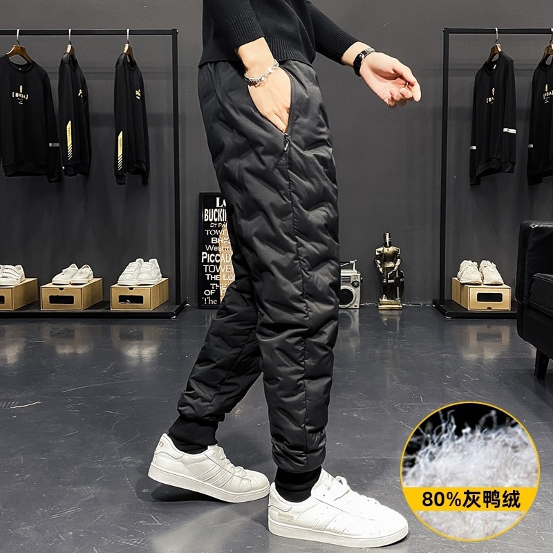 Pantalones acolchados de invierno para hombre, ropa de abrigo, elástica, con cordones, Color sólido, para jóvenes,